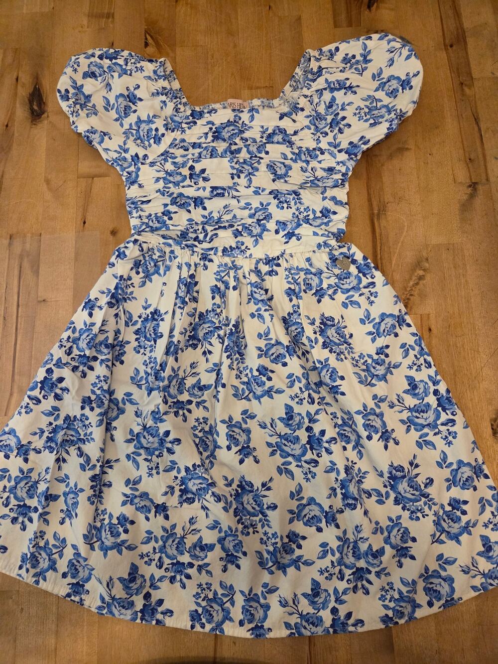 Paris Hilton Girls Floral Puff Sleeve Dress Blue White 10/12 Excellent Condition